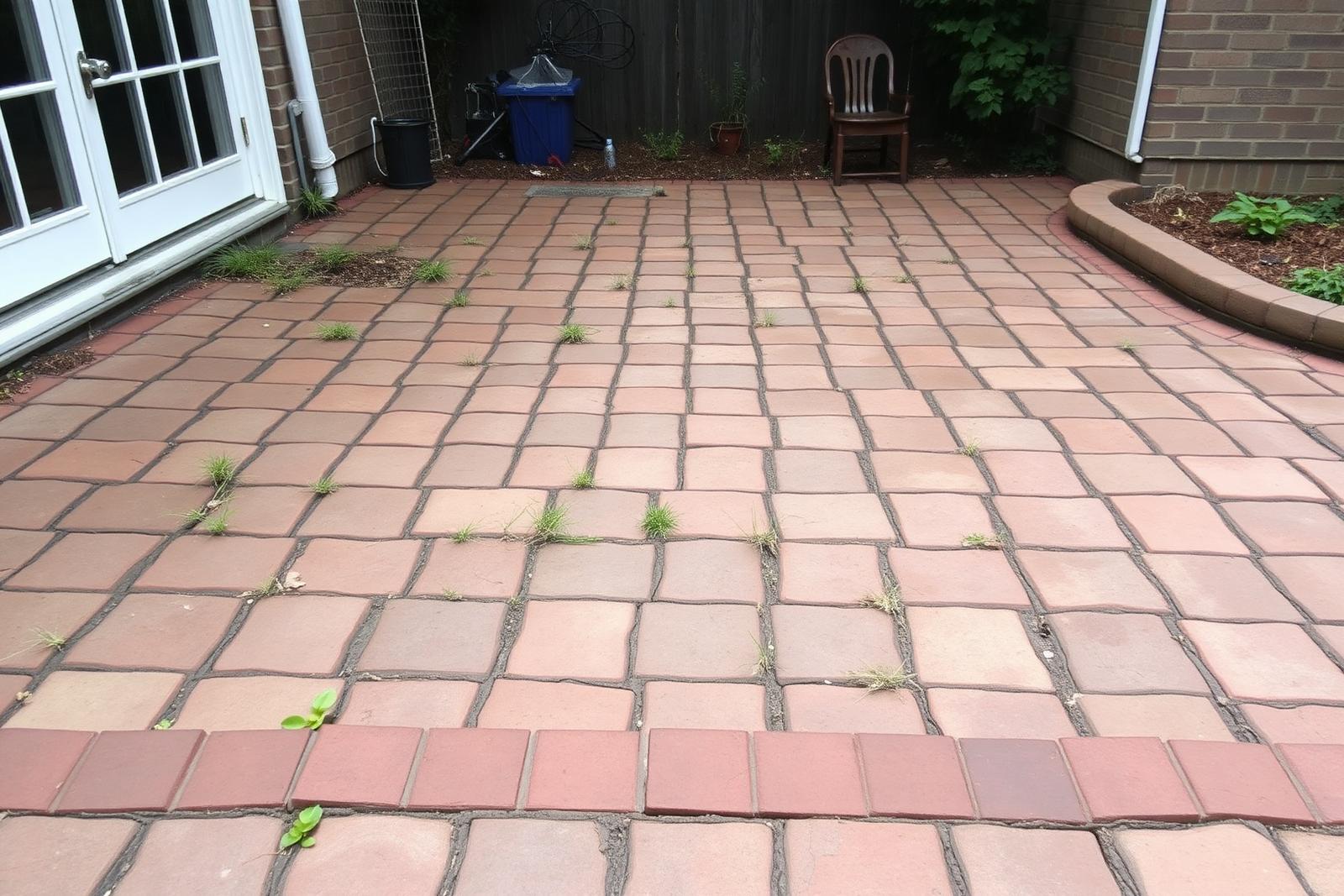 Sunken paver patio with weeds in the joints before restoration