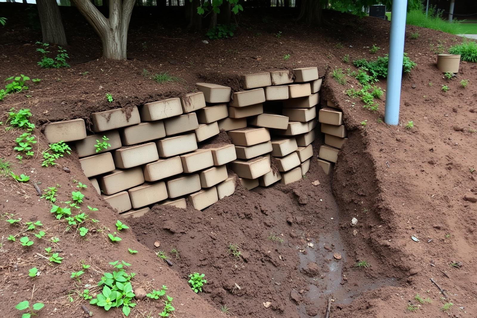 Leaning retaining wall with displaced blocks before rebuild