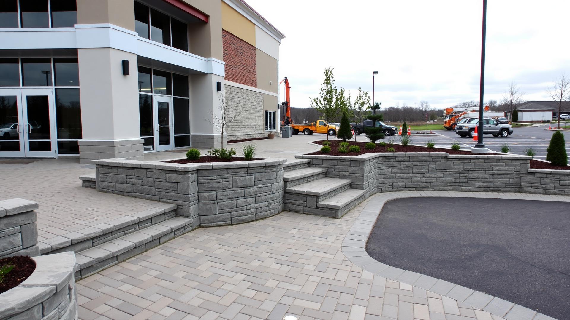 Commercial hardscape installation with paver walkways and retaining walls