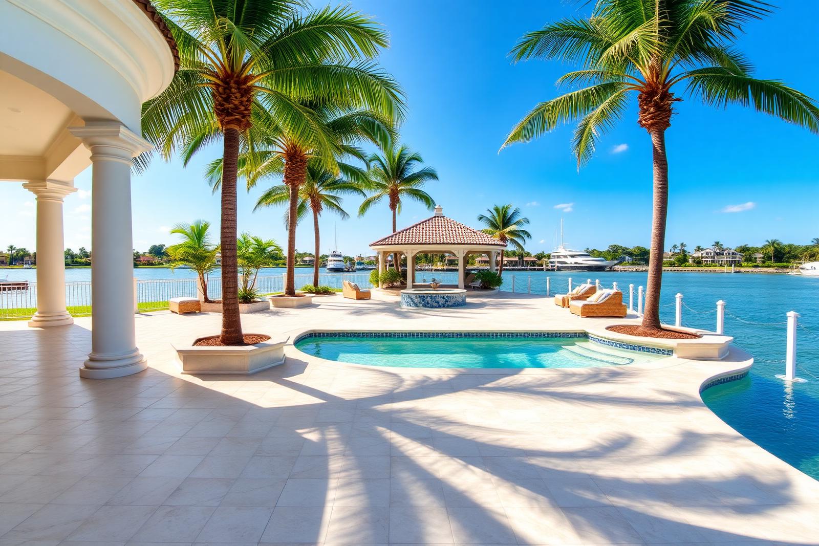 Ivory travertine pool deck at a St. Petersburg, FL waterfront home