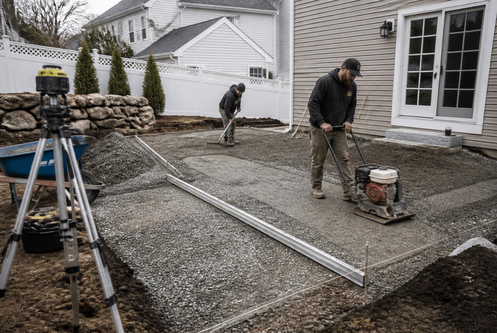 NH Hardscapes crew compacting an aggregate base before paver installation