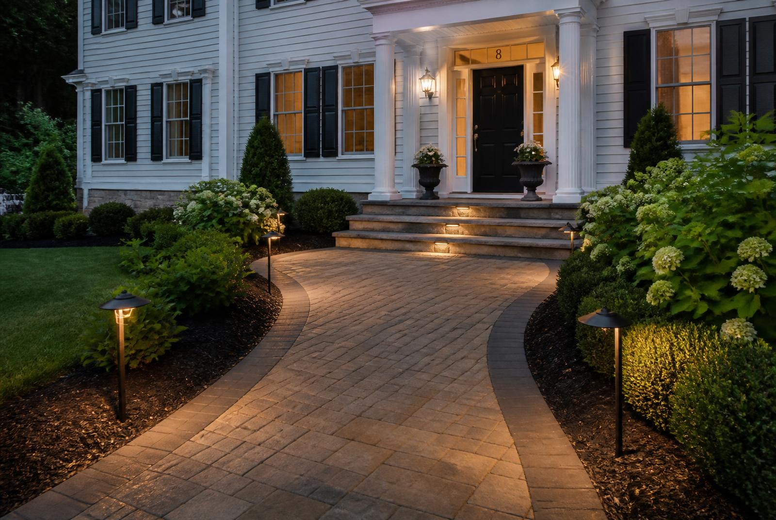 Curved paver walkway with lit granite steps at a Windham, NH front entry