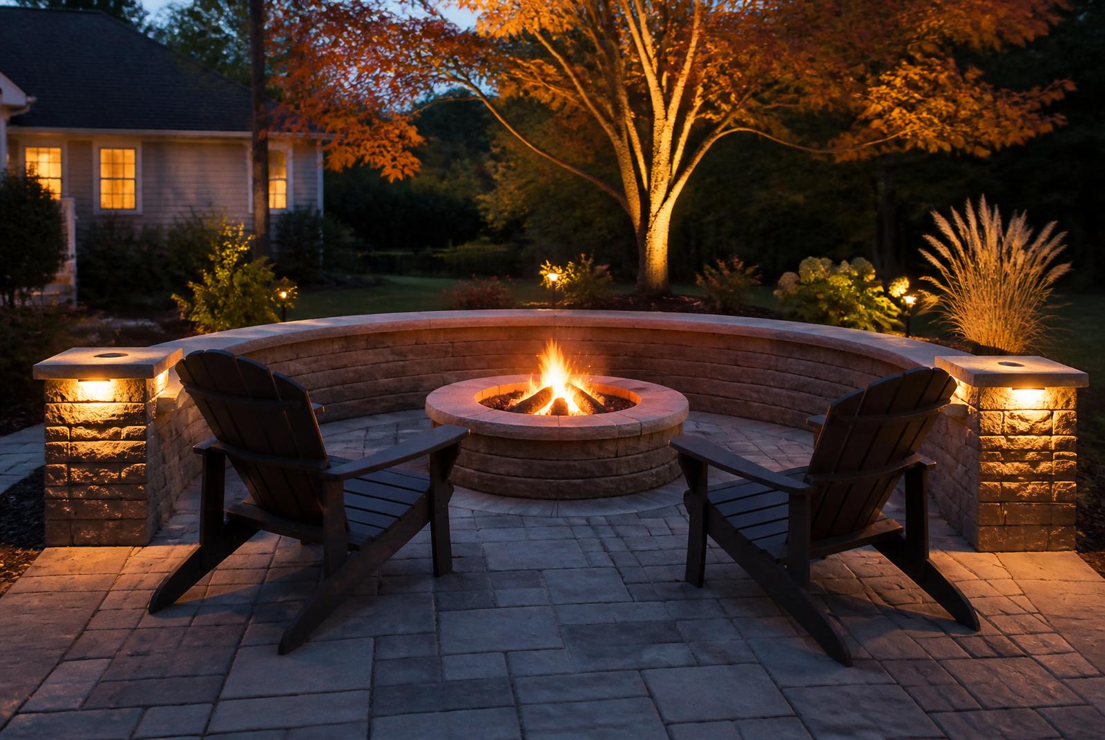 Circular stone fire pit with curved seating wall on a paver patio in Derry, NH