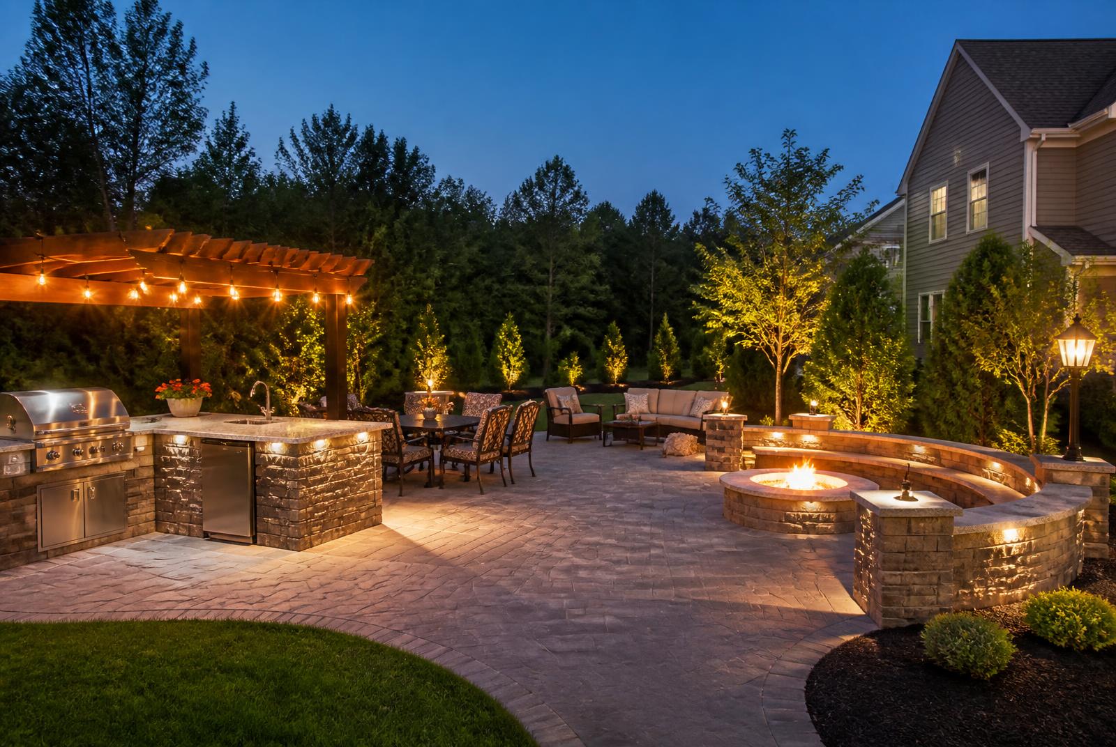 Complete outdoor living space with kitchen, fire pit, and patio in Londonderry, NH