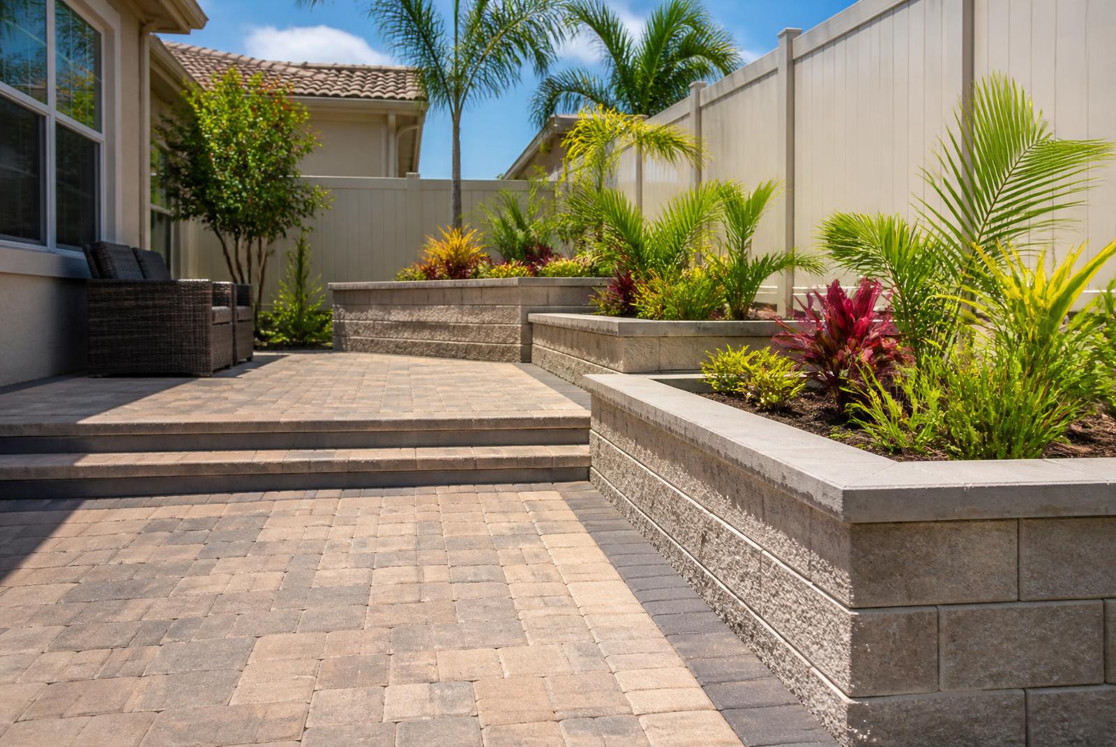 Raised block planter walls framing a patio in Pinellas Park, FL