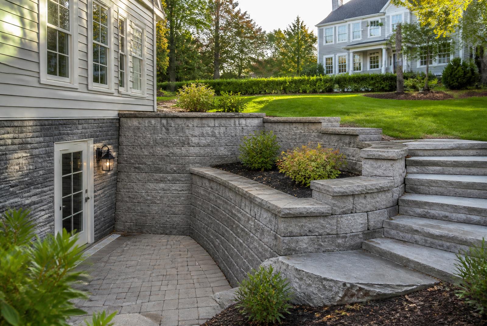Engineered retaining wall alongside a walkout basement in Hampstead, NH