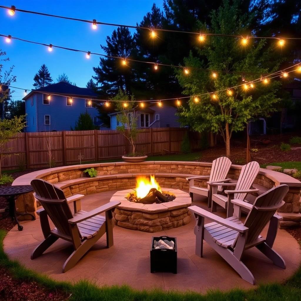 Circular stone fire pit with curved sitting wall and string lights at twilight