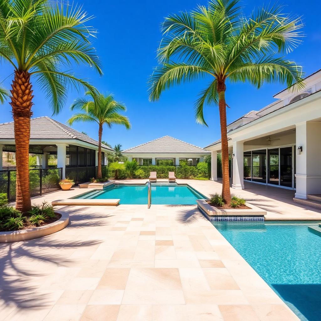 Travertine pool deck with palm trees beside a luxury Florida home