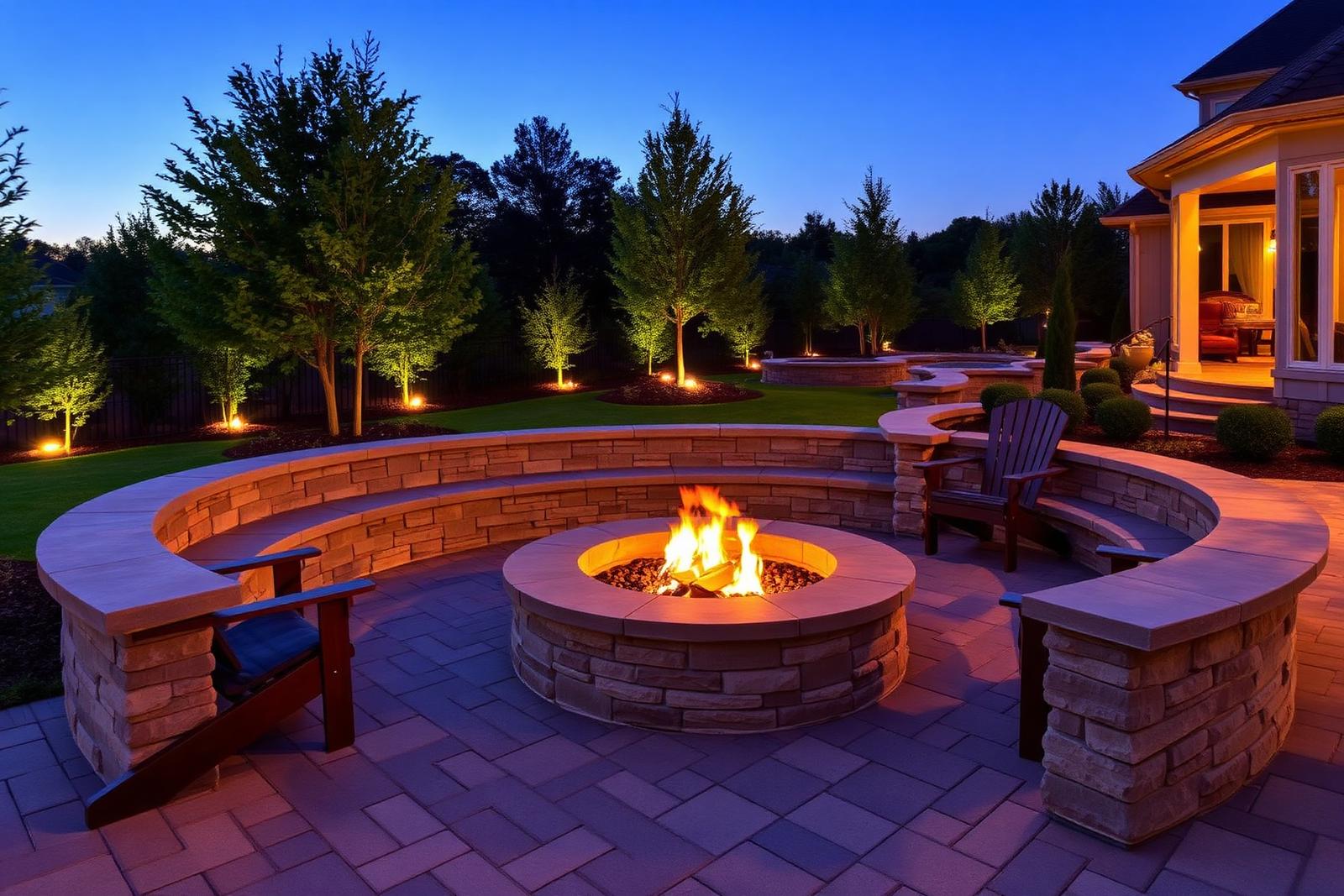 Circular stone fire pit with curved seating wall on a paver patio at dusk