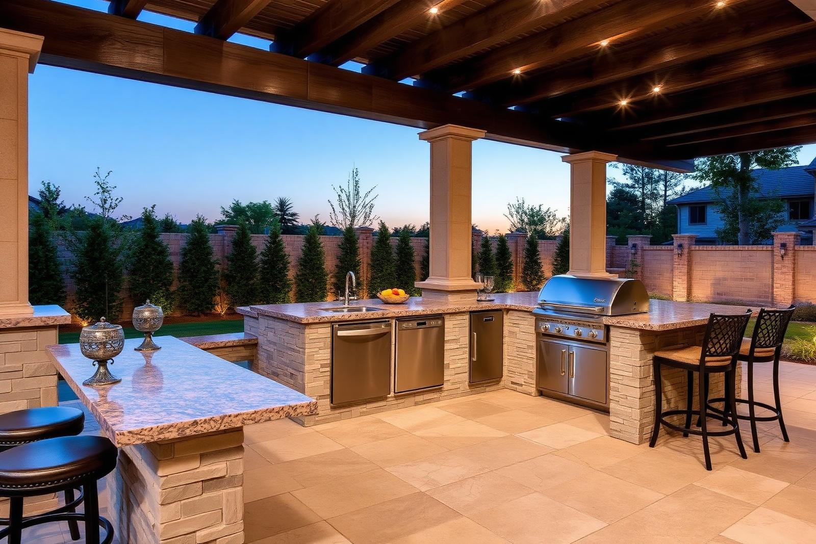 Luxury outdoor kitchen with stone island, built-in grill, and bar seating under a pergola