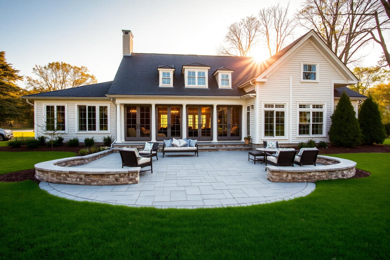 Large bluestone paver patio behind a New England colonial home at golden hour
