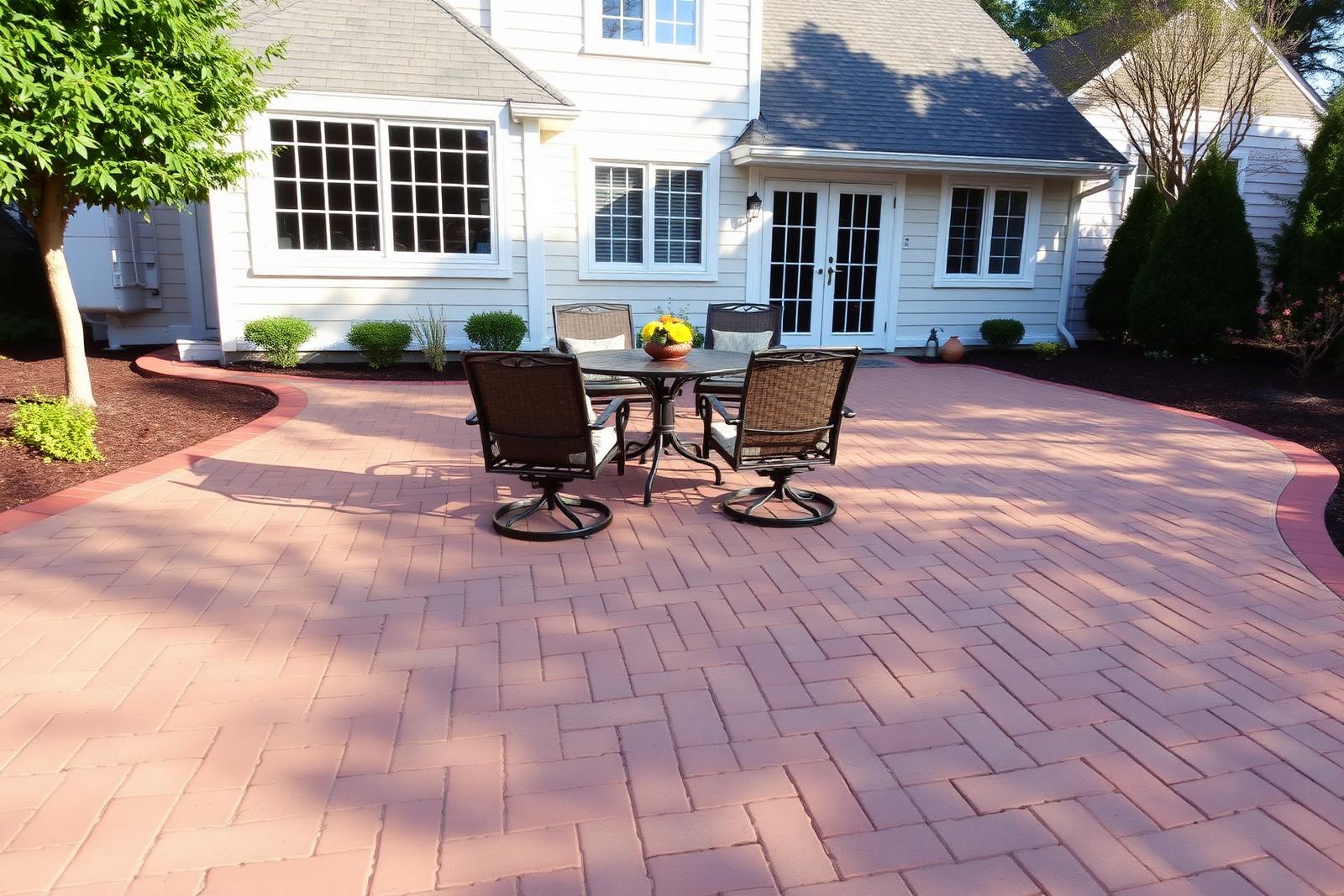 Freshly restored paver patio with clean joints and restored color behind a home