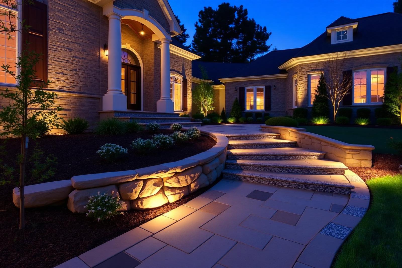 Curved stone walkway with lit granite steps leading to a home's front entry at dusk