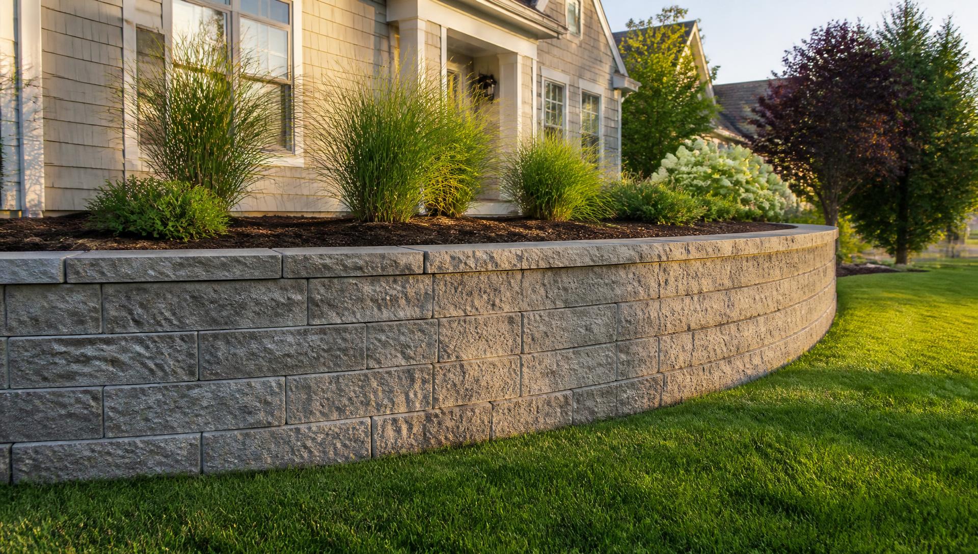 Tiered segmental concrete block retaining wall terracing a sloped backyard